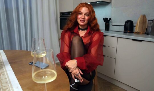 The redhead drank some wine and was ready for debauchery...
